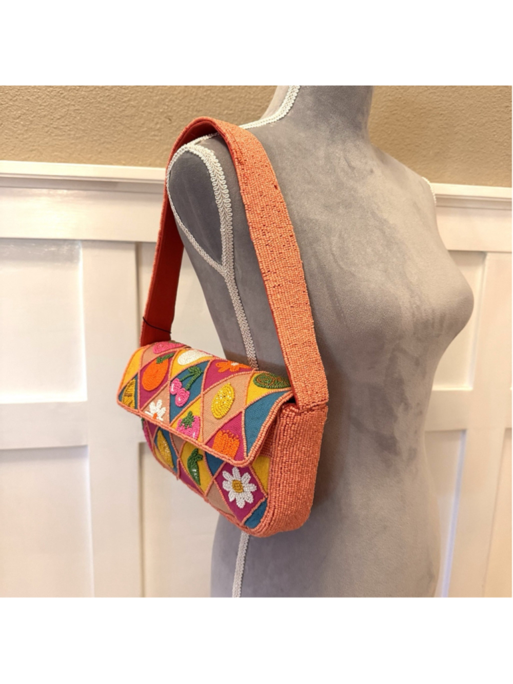 NWT America & Beyond Beaded Fruit/Flower Embellished Shoulder Bag TropicalIndia